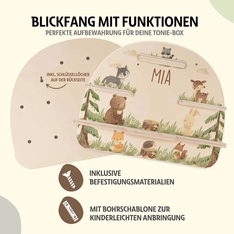 Tonie Regal aus Holz, Toniebox Regal personalisiert niedliche Waldtiere