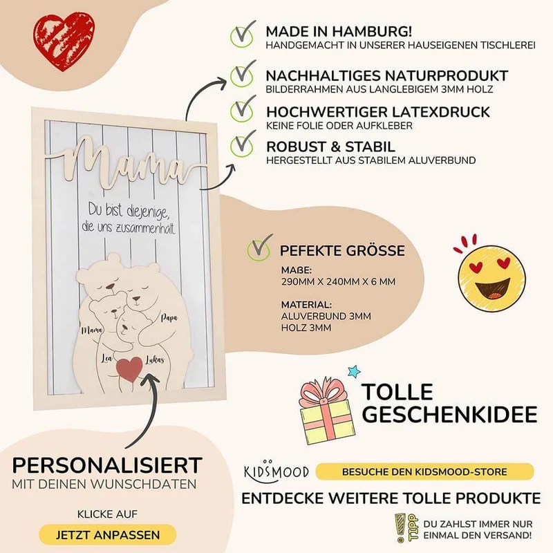 Süßes personalisiertes Bärenfamilien-Bildrahmen-Muttertagsgeschenk - 3-6 Personen