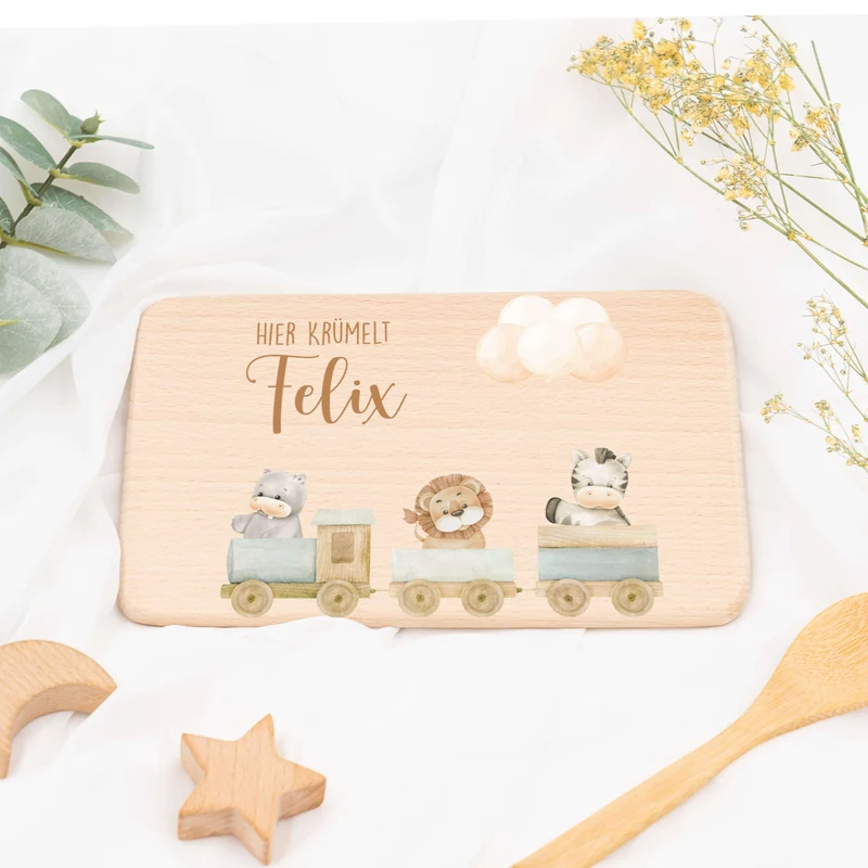 Frühstücksbrettchen Holz personalisiert Tiere Eisenbahn