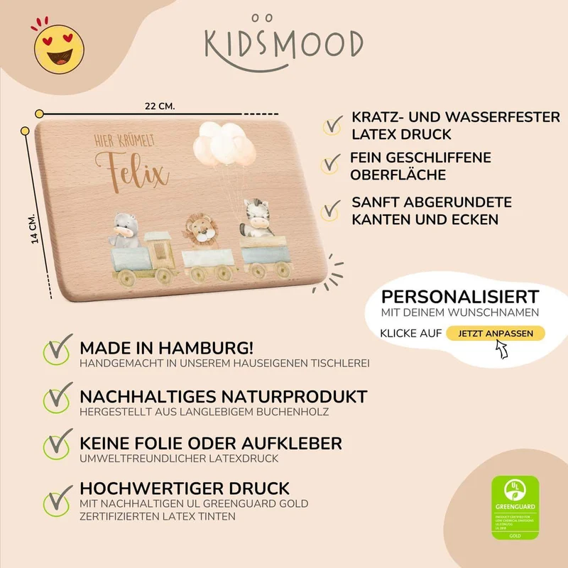 Frühstücksbrettchen Holz personalisiert Tiere Eisenbahn