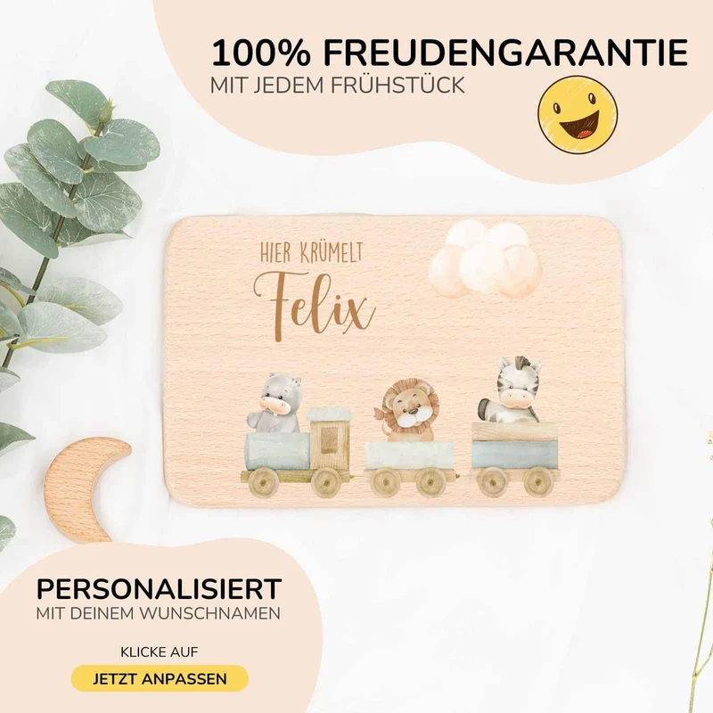 Frühstücksbrettchen Holz personalisiert Tiere Eisenbahn