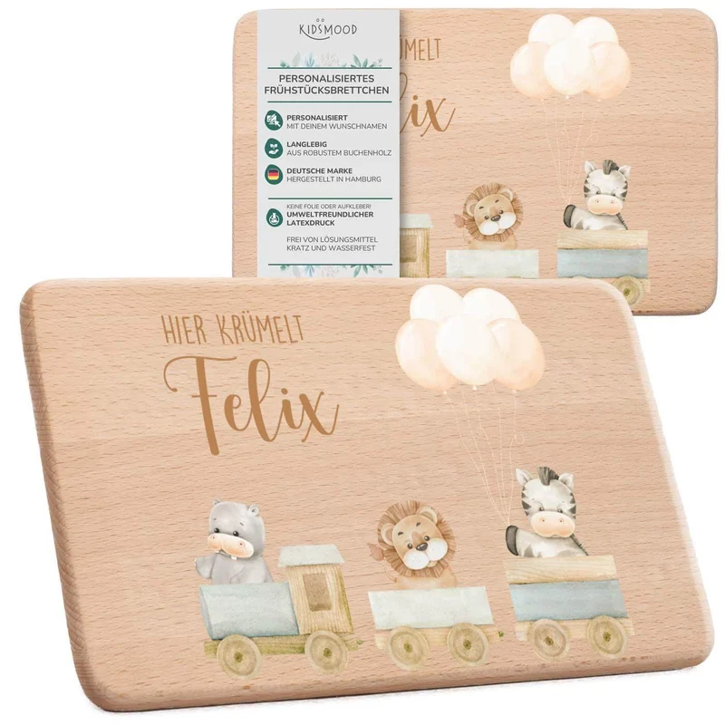 Frühstücksbrettchen Holz personalisiert Tiere Eisenbahn