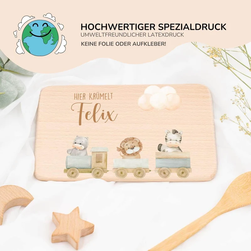 Frühstücksbrettchen Holz personalisiert Tiere Eisenbahn