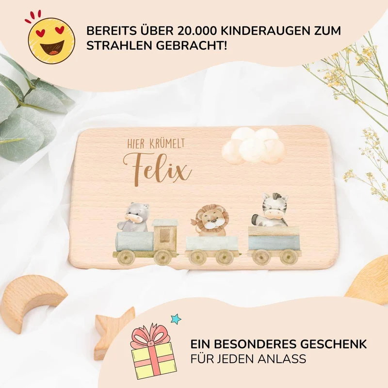 Frühstücksbrettchen Holz personalisiert Tiere Eisenbahn