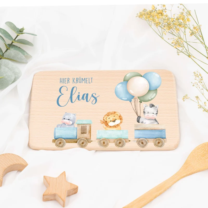 Frühstücksbrettchen Holz personalisiert Tiere Eisenbahn