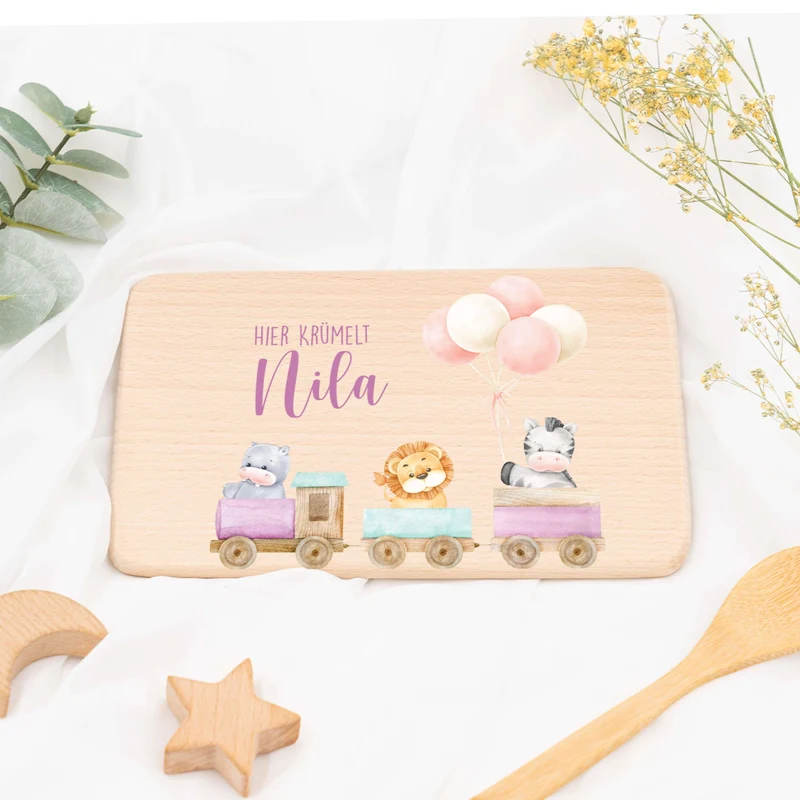 Frühstücksbrettchen Holz personalisiert - Tiere Eisenbahn