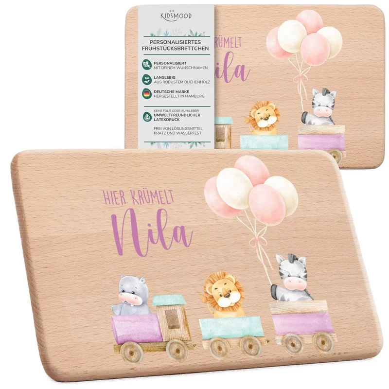 Frühstücksbrettchen Holz personalisiert - Tiere Eisenbahn
