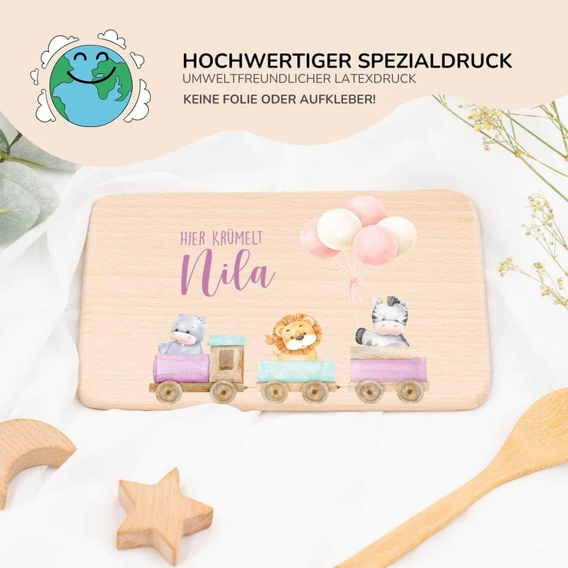 Frühstücksbrettchen Holz personalisiert - Tiere Eisenbahn