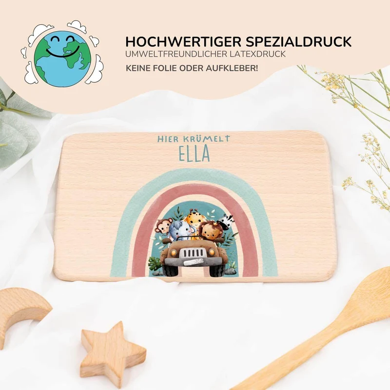 Frühstücksbrettchen Holz personalisiert - Regenbogen Safari