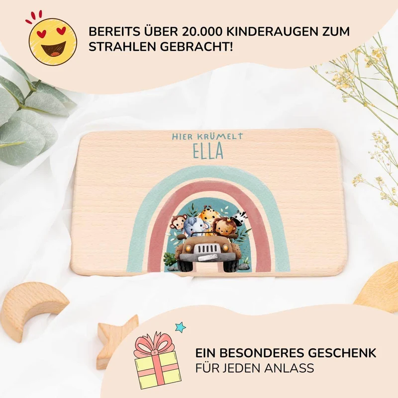 Frühstücksbrettchen Holz personalisiert - Regenbogen Safari