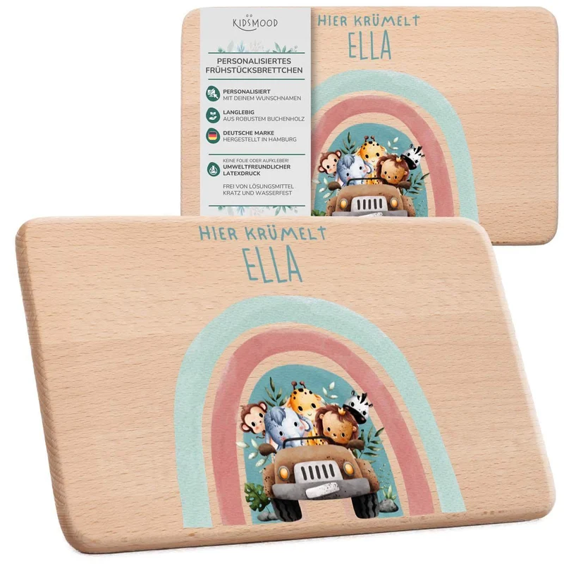 Frühstücksbrettchen Holz personalisiert - Regenbogen Safari
