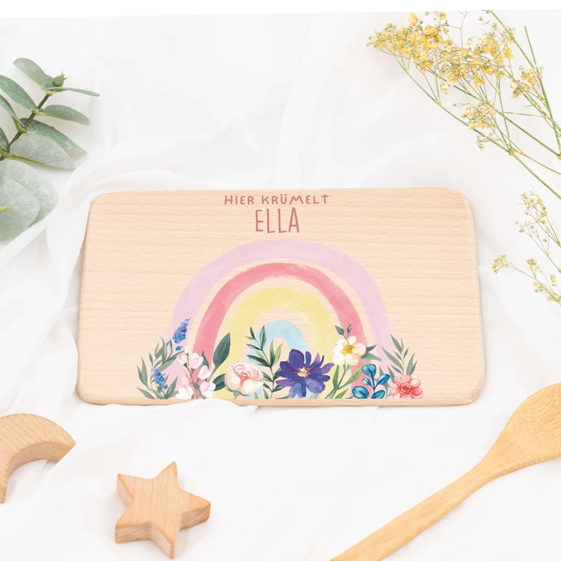 Frühstücksbrettchen Holz personalisiert - Blumen Regenbogen