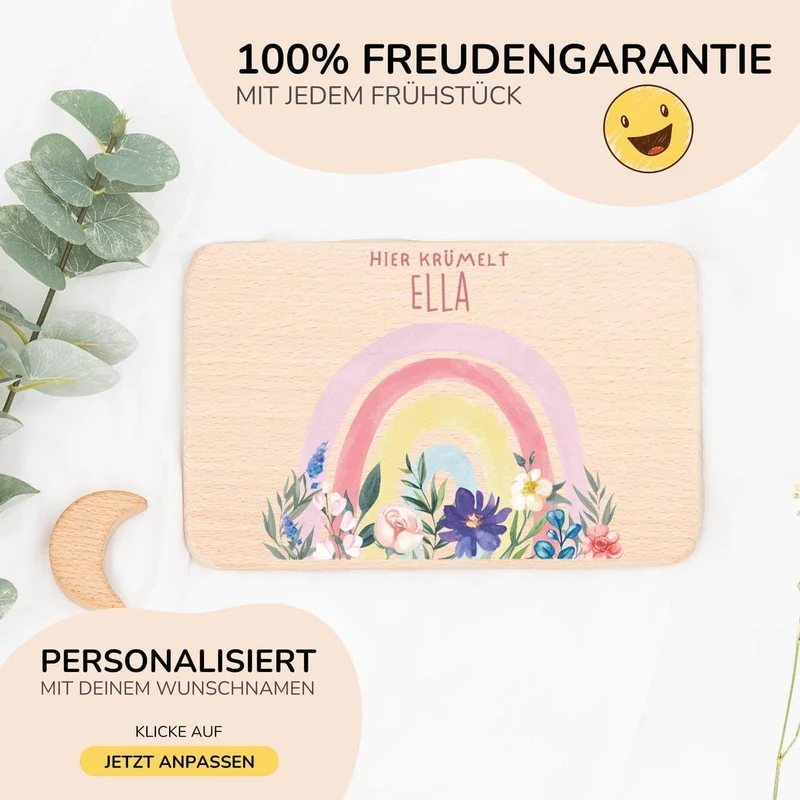Frühstücksbrettchen Holz personalisiert - Blumen Regenbogen