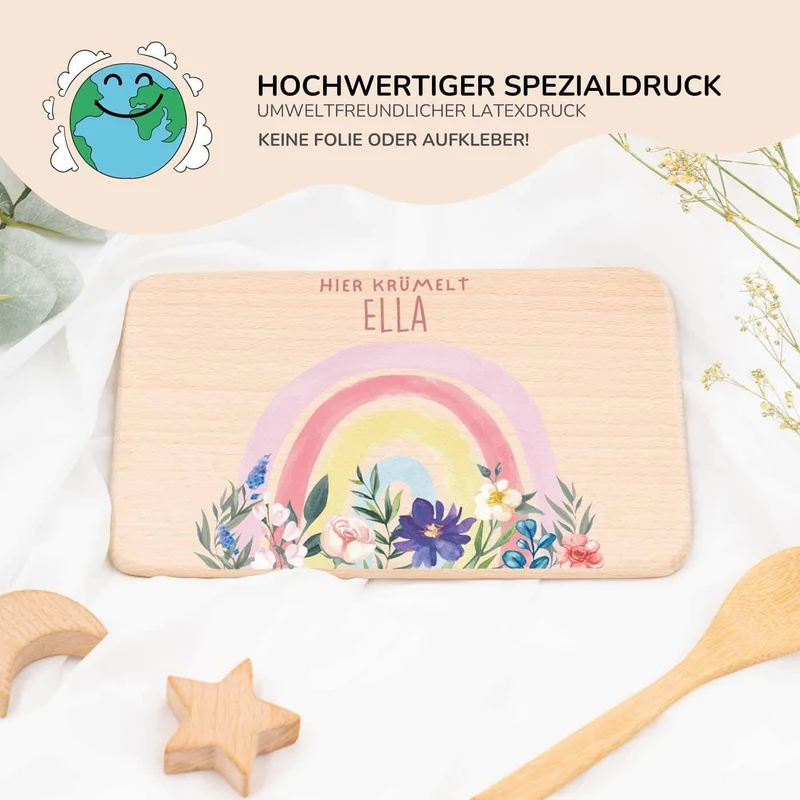 Frühstücksbrettchen Holz personalisiert - Blumen Regenbogen