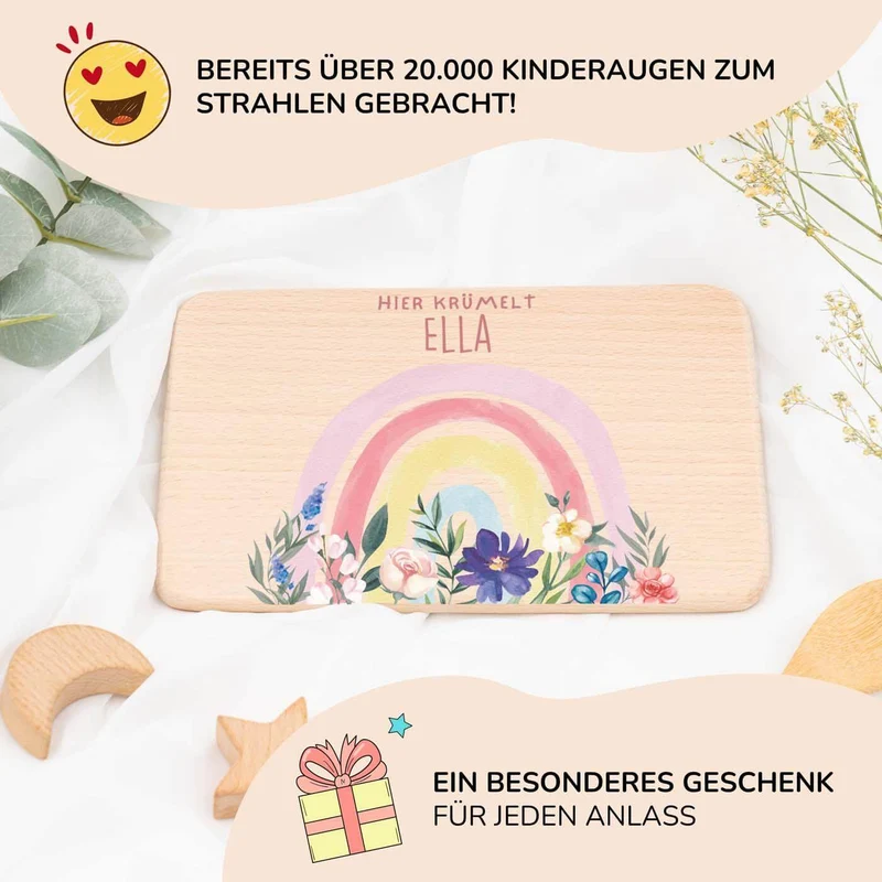 Frühstücksbrettchen Holz personalisiert - Blumen Regenbogen