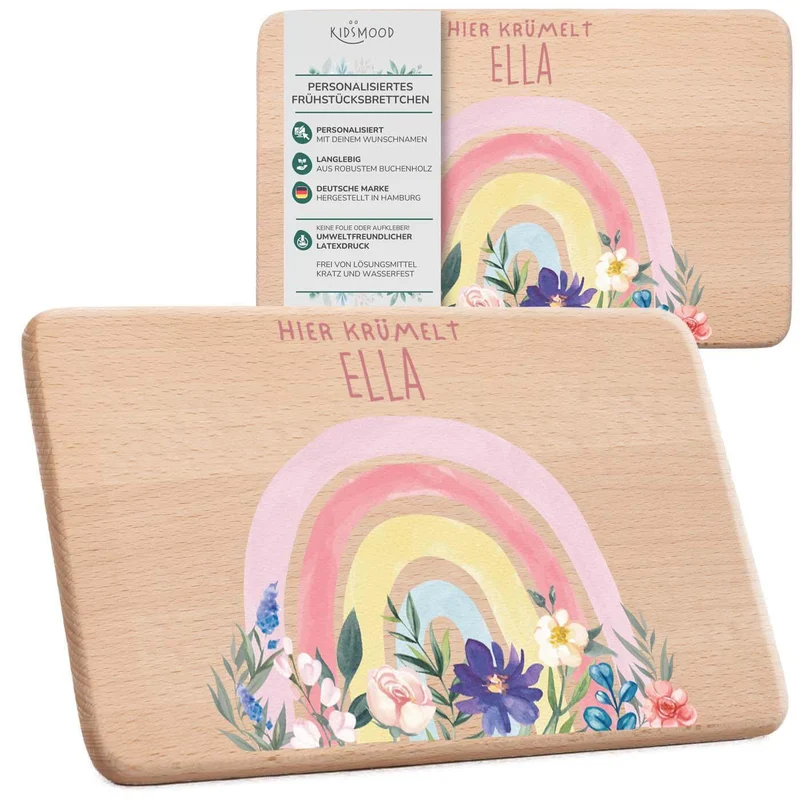 Frühstücksbrettchen Holz personalisiert - Blumen Regenbogen