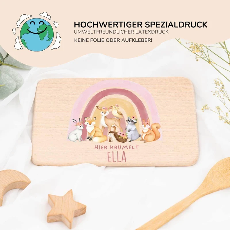 Frühstücksbrettchen Holz personalisiert - Regenbogen Waldtiere