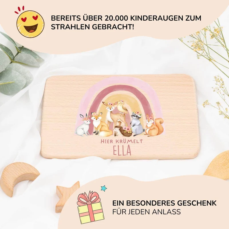 Frühstücksbrettchen Holz personalisiert - Regenbogen Waldtiere