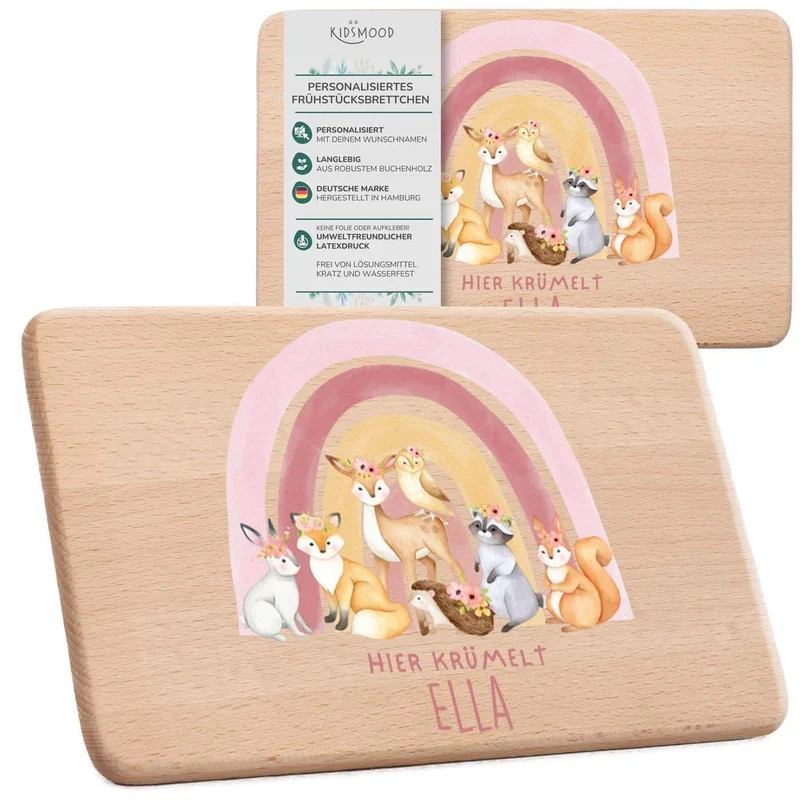 Frühstücksbrettchen Holz personalisiert - Regenbogen Waldtiere