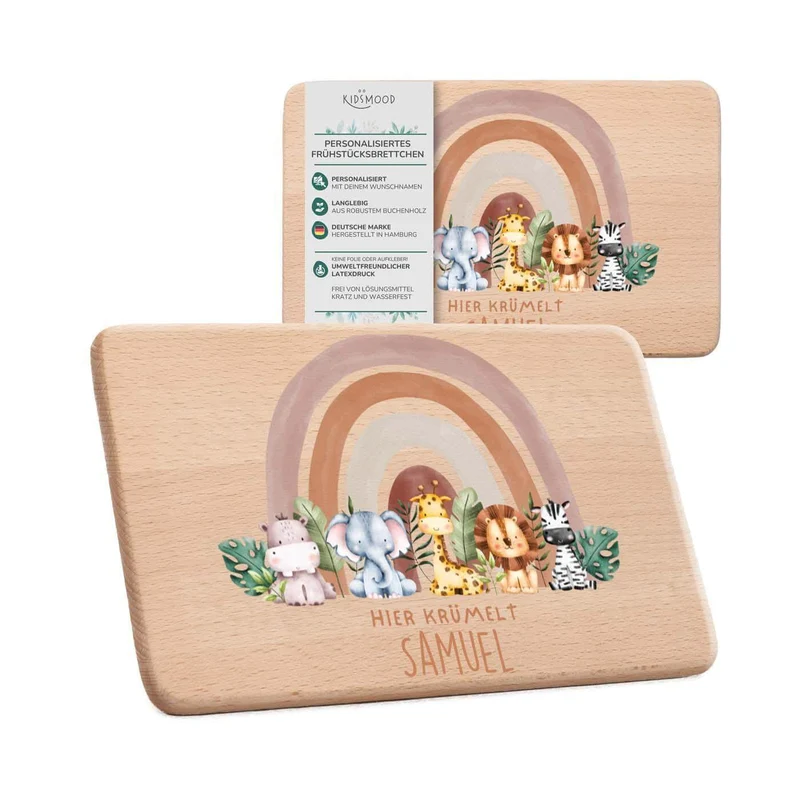 Frühstücksbrettchen Holz personalisiert - Tierfamilie unter Regenbogen