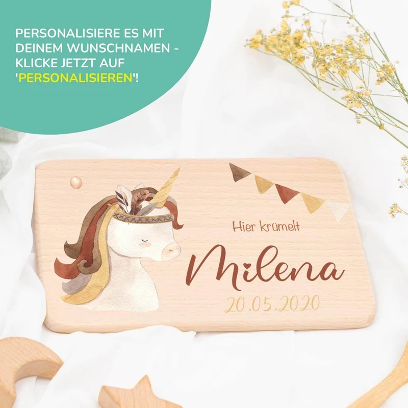 Frühstücksbrettchen Holz Einhorn Boho