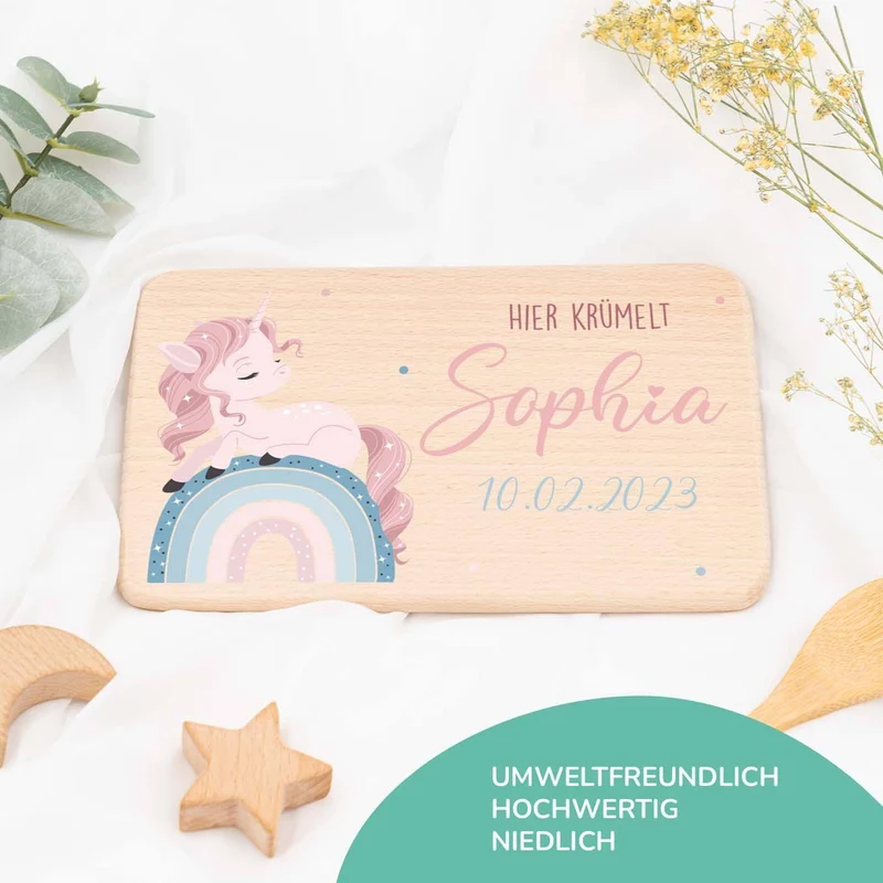 Frühstücksbrettchen Holz Einhorn Regenbogen