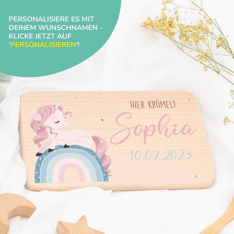 Frühstücksbrettchen Holz Einhorn Regenbogen