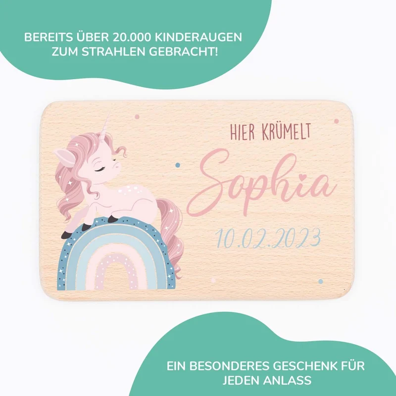 Frühstücksbrettchen Holz Einhorn Regenbogen