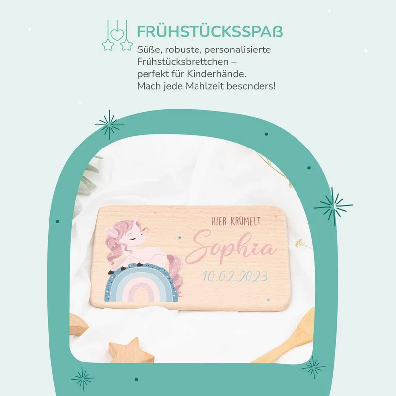 Frühstücksbrettchen Holz Einhorn Regenbogen