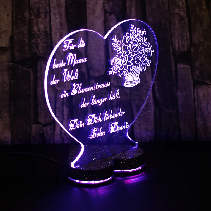 Aufsteller Herzsockel Gravur LED-Beleuchtung „Ich liebe dich“ | 125 × 135 mm | 150 × 157 mm