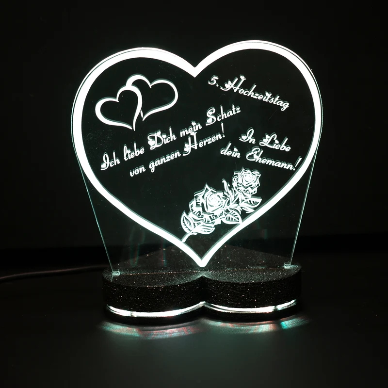 Aufsteller Herzsockel Gravur LED-Beleuchtung „Ich liebe dich“ | 125 × 135 mm | 150 × 157 mm