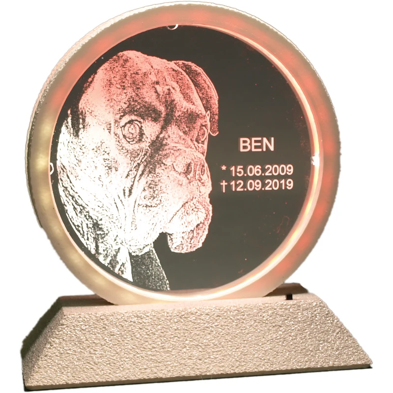 Acrylglas runder Rahmen mit Text-/Fotogravur und LED-Beleuchtung