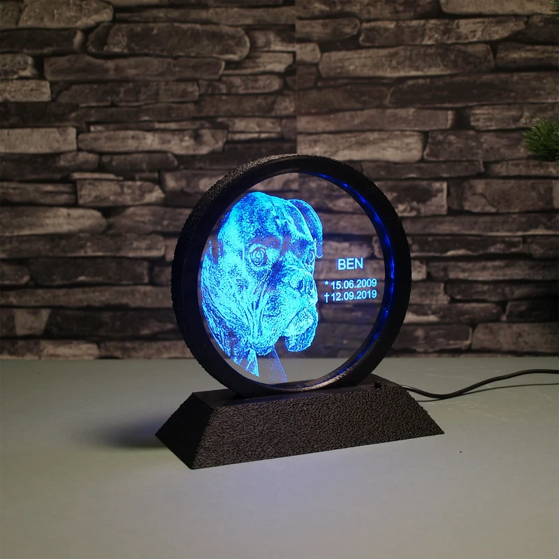 Acrylglas runder Rahmen mit Text-/Fotogravur und LED-Beleuchtung