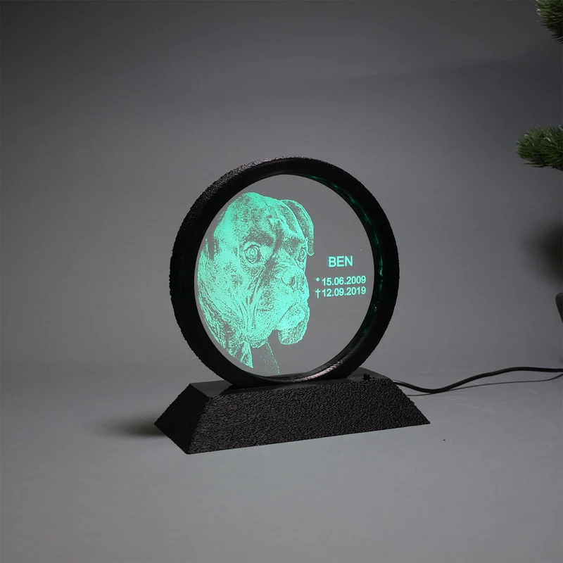 Acrylglas runder Rahmen mit Text-/Fotogravur und LED-Beleuchtung