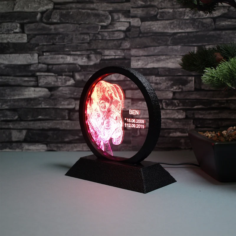 Acrylglas runder Rahmen mit Text-/Fotogravur und LED-Beleuchtung
