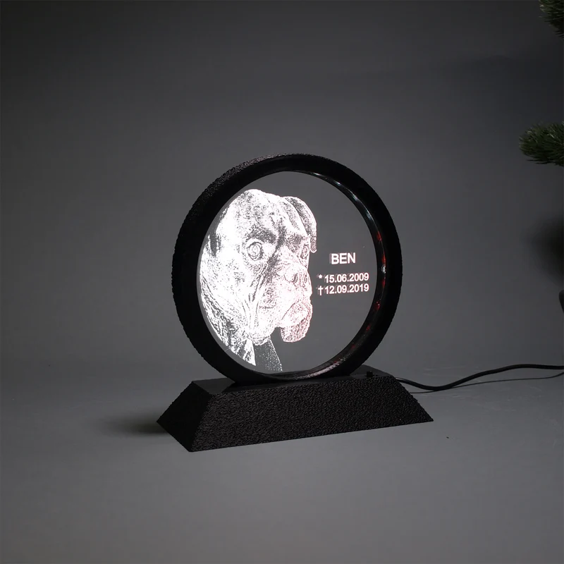 Acrylglas runder Rahmen mit Text-/Fotogravur und LED-Beleuchtung