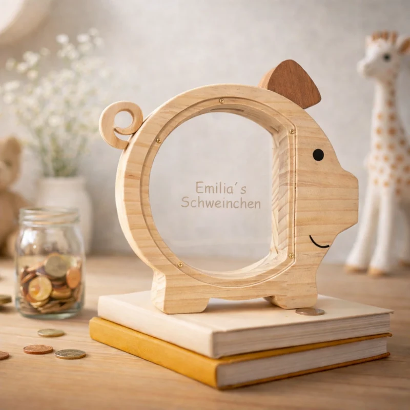 Holz-Sparschwein für Kinder mit personalisierter Gravur