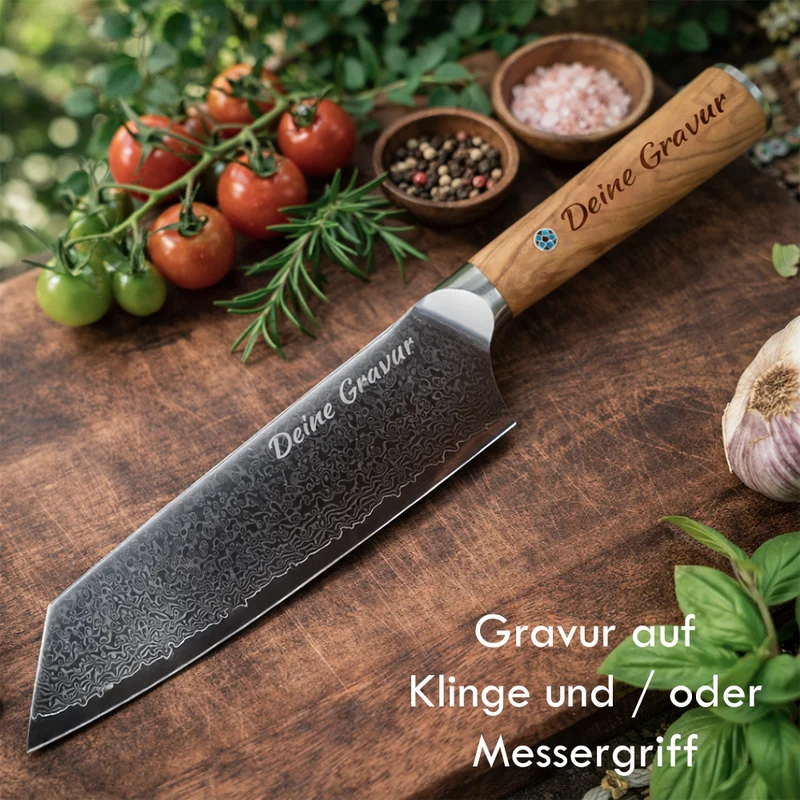 Küchenmesser aus echtem Damaststahl mit Gravur im Griff oder auf der Klinge