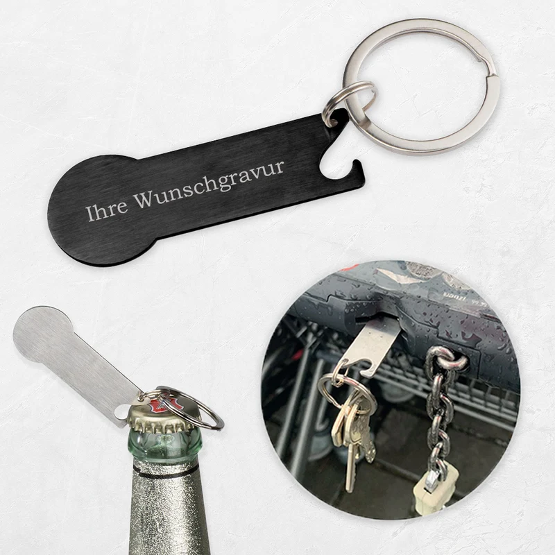Schlüsselanhänger mit Gravur und integriertem Flaschenöffner / Einkaufschip