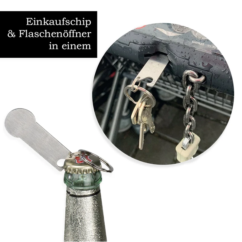 Schlüsselanhänger mit Gravur und integriertem Flaschenöffner / Einkaufschip