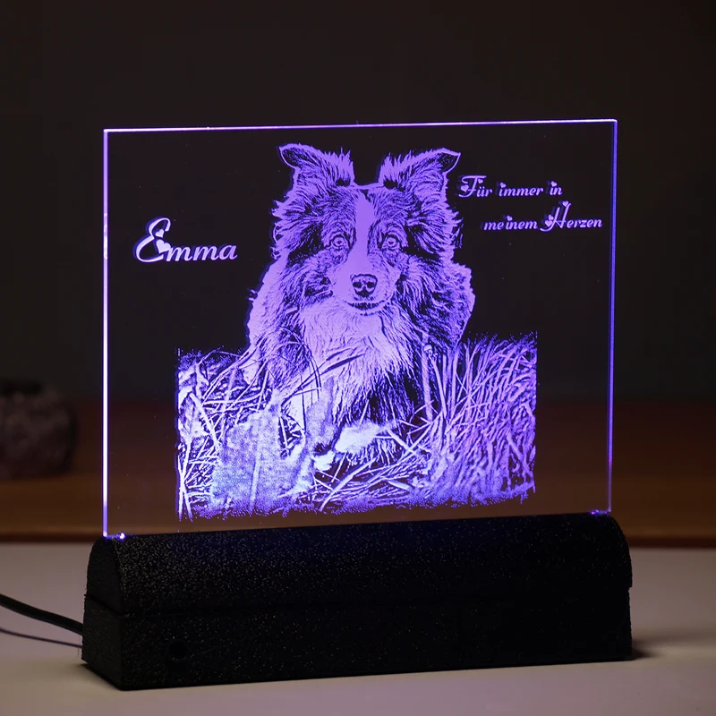 Acrylglas Rechteck Haustier 160 × 162 mm mit LED-Beleuchtung, Text- und Fotogravur