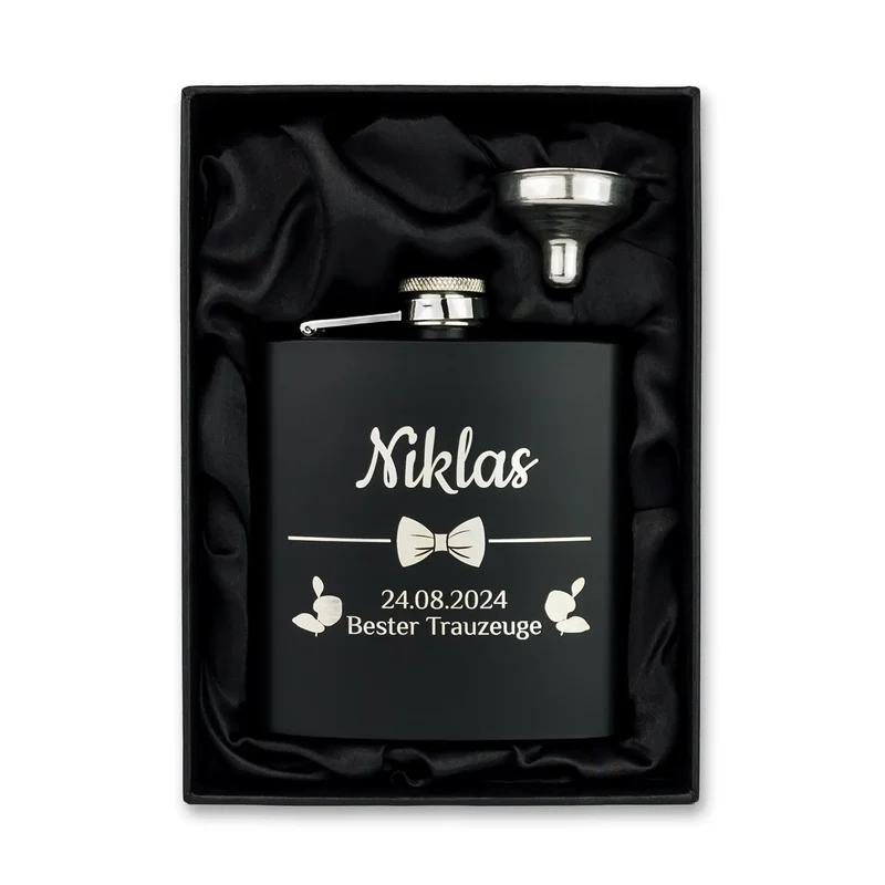 Gravierter Flachmann aus Edelstahl Schwarz, inkl. Geschenkbox und Trichter