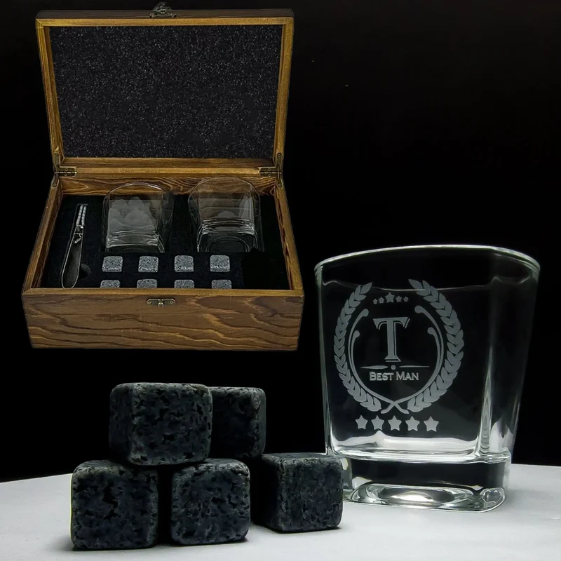 Whiskeyglas Set in der Holzgeschenkbox inkl. Whiskey-Steine