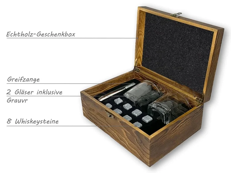 Whiskeyglas Set in der Holzgeschenkbox inkl. Whiskey-Steine