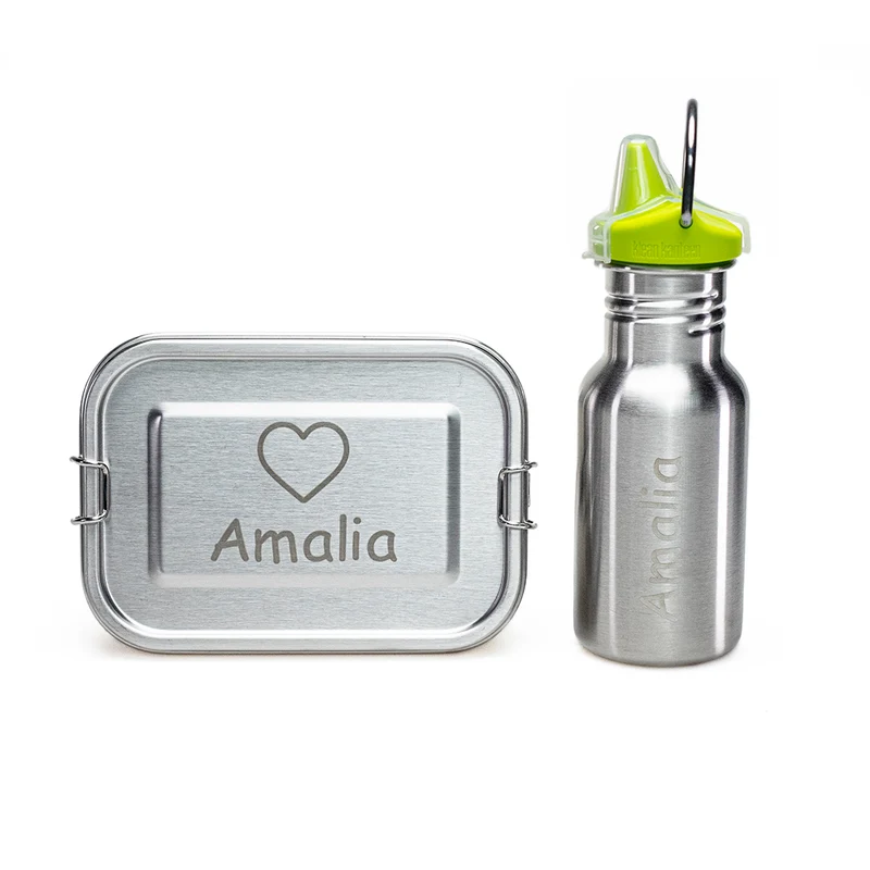 Personalisierte Wert&Voll Lunchbox 600ml + Klean Kanteen Kids Trinkflasche 355 ml Sippy Cap - Beide mit Gravur