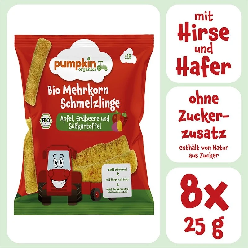 Bio Mehrkorn Schmelzlinge Apfel Erdbeere und Süßkartoffel (8er Pack)