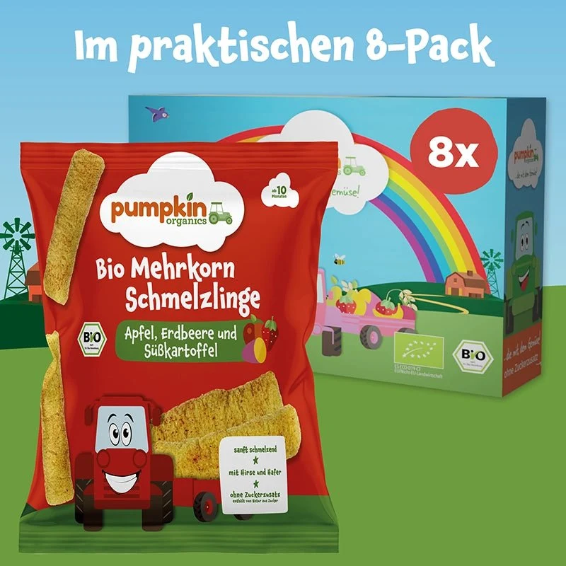 Bio Mehrkorn Schmelzlinge Apfel Erdbeere und Süßkartoffel (8er Pack)