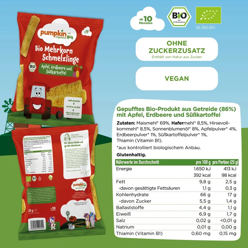 Bio Mehrkorn Schmelzlinge Apfel Erdbeere und Süßkartoffel (8er Pack)