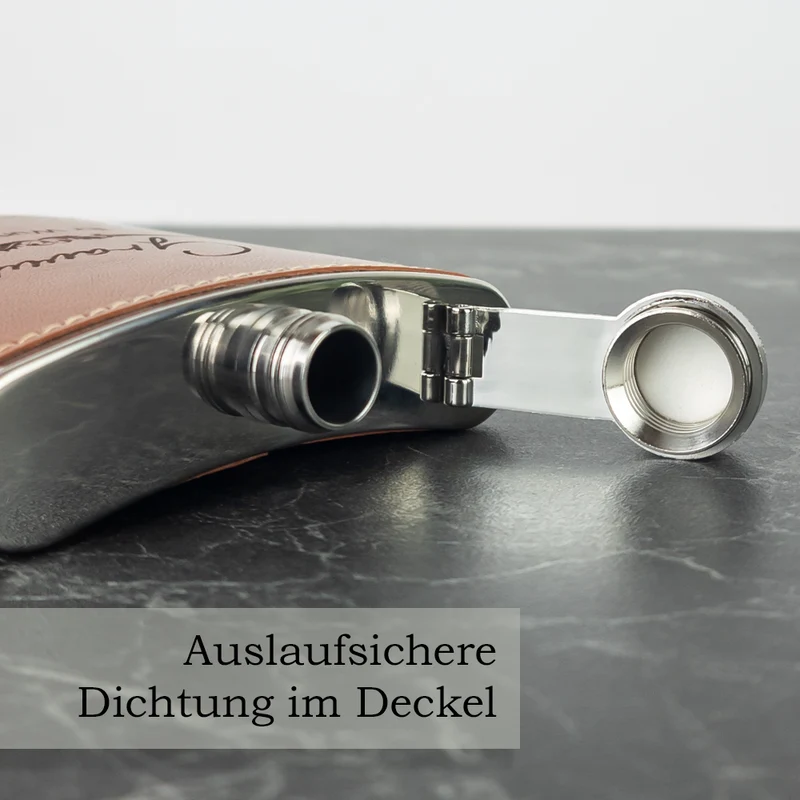 Flachmann mit Gravur in Ledereinfassung inkl. Geschenkbox, Trichter und 2 Becher