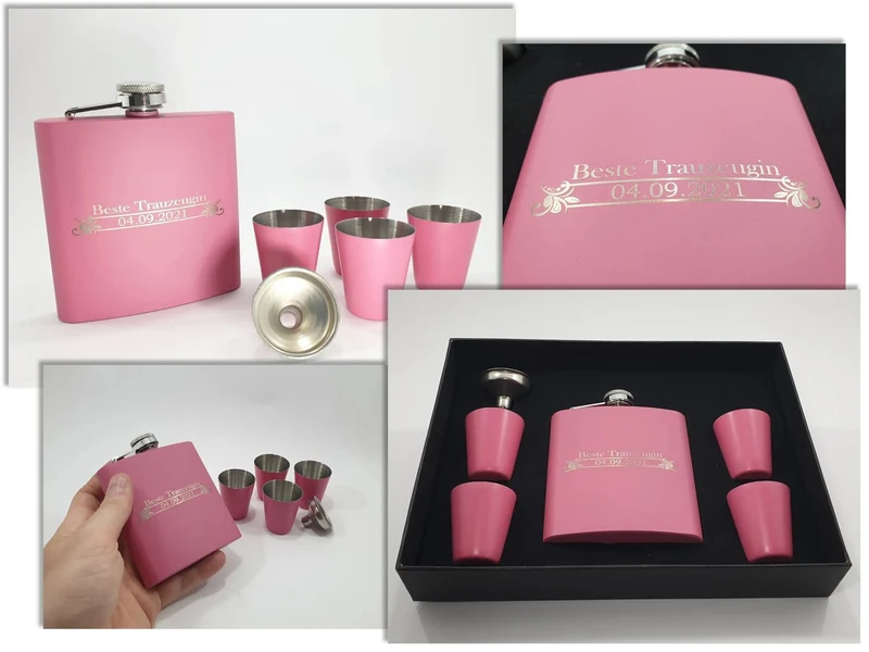 Flachmann mit Gravur in Pink, 170 ml inkl. Geschenkbox, 4 Becher und Trichter